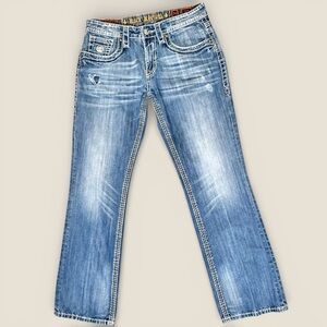 Rock Revival LOGAN Alternative Straight Jeans | Men’s 34 Distressed Heavy Stitch